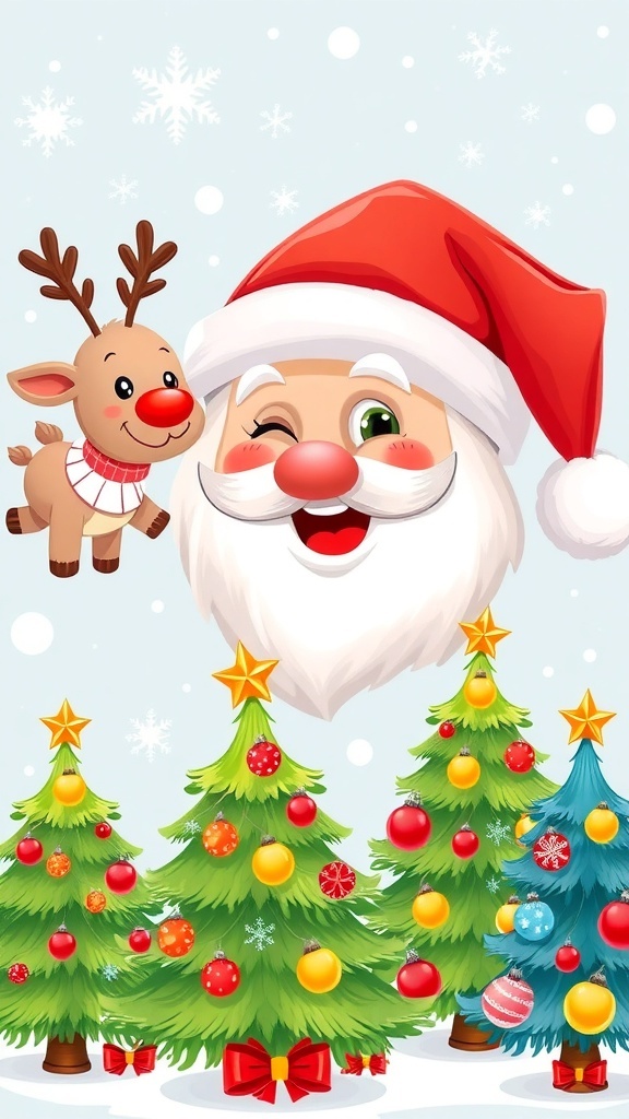 A collection of cute Christmas images featuring Santa, reindeer, and decorated Christmas trees in a snowy background.